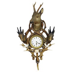 Antike Cabin Antler-Wanduhr mit Hirsch und Chamois, Österreich, ca. 1900