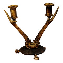 Antique Cabin Decor Two-Armed Antler Candlestick, 1900