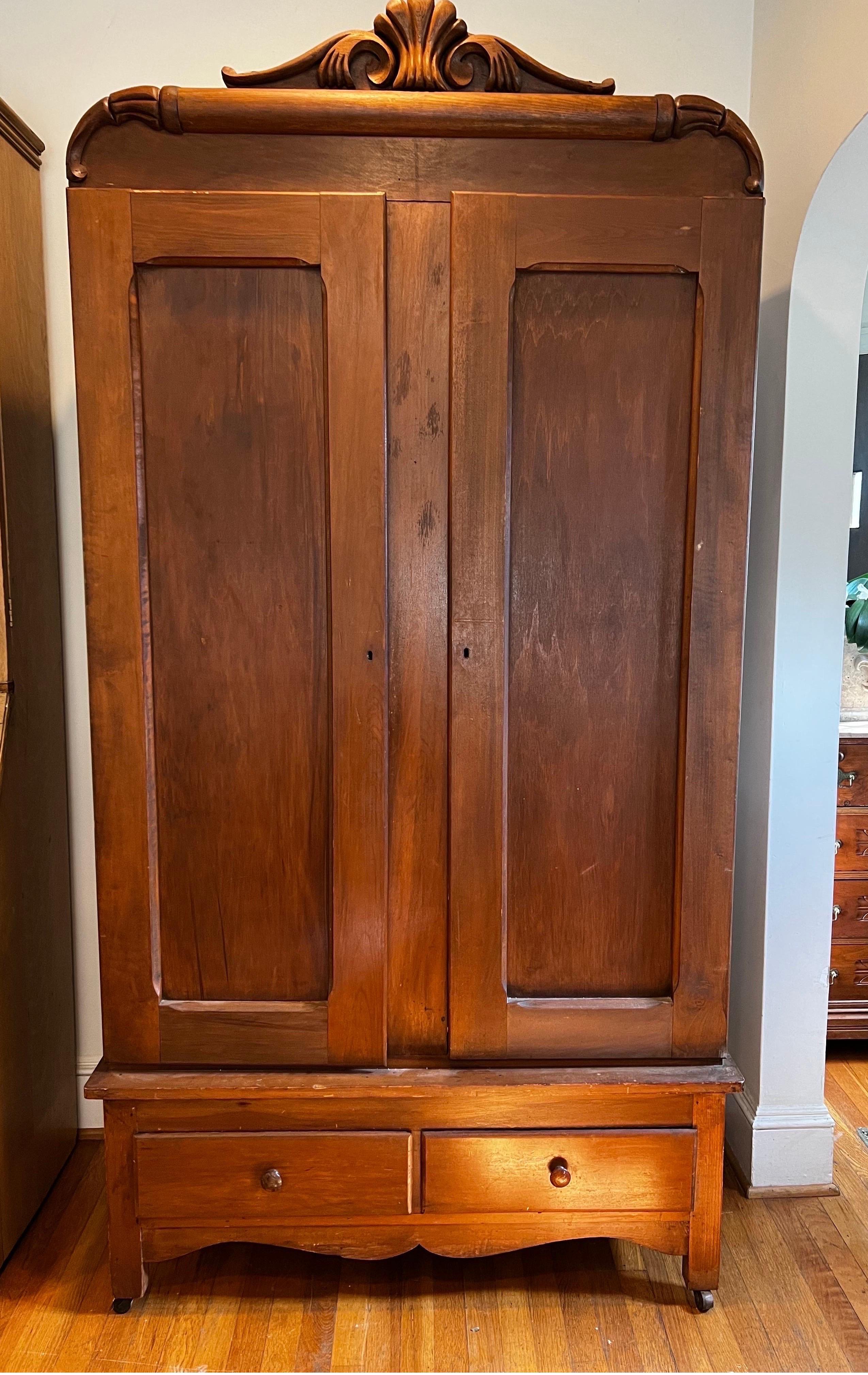 Antique Cabinet /Armoire with Carved Detail on Top For Sale 7