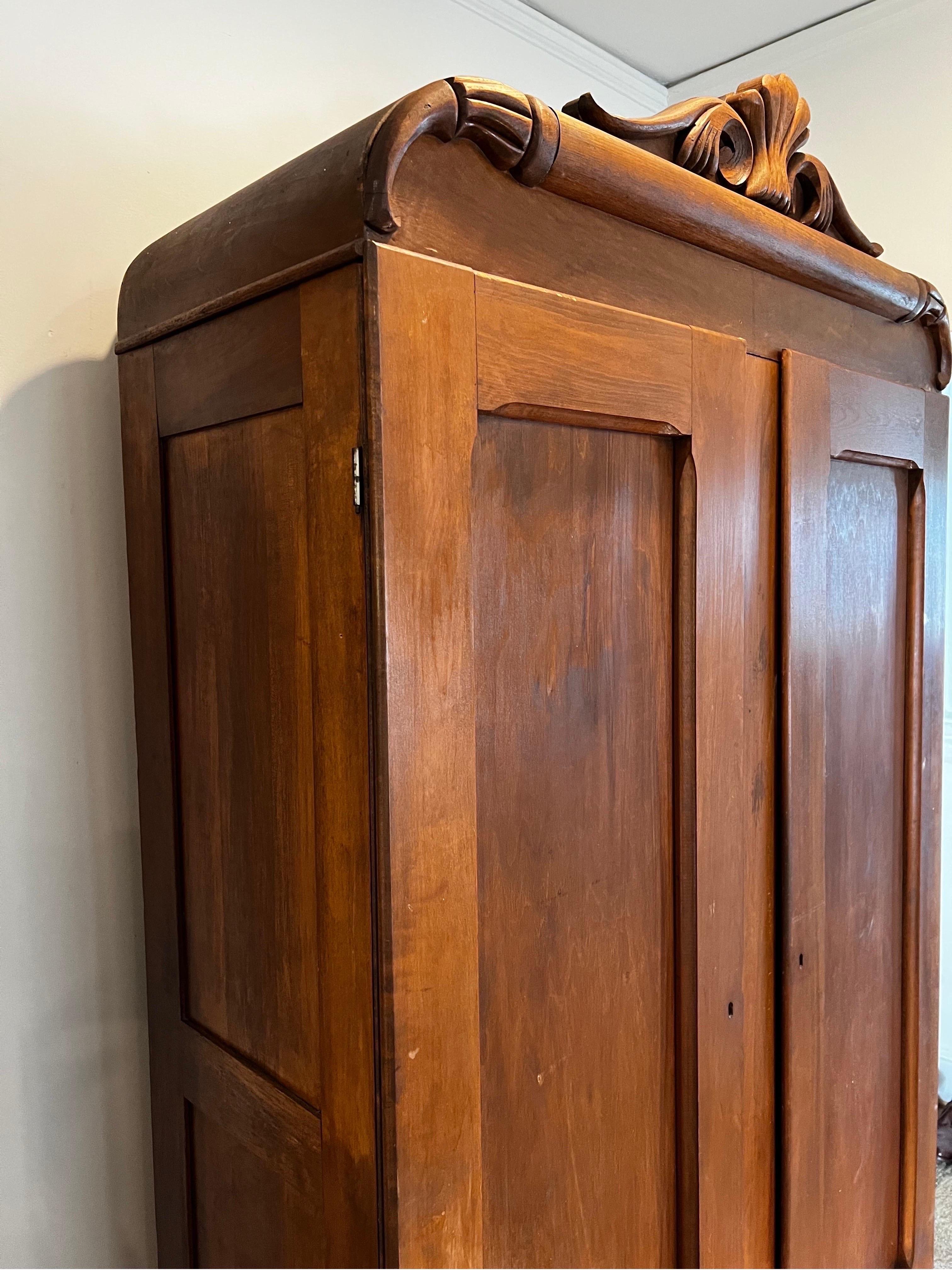 19th Century Antique Cabinet /Armoire with Carved Detail on Top For Sale