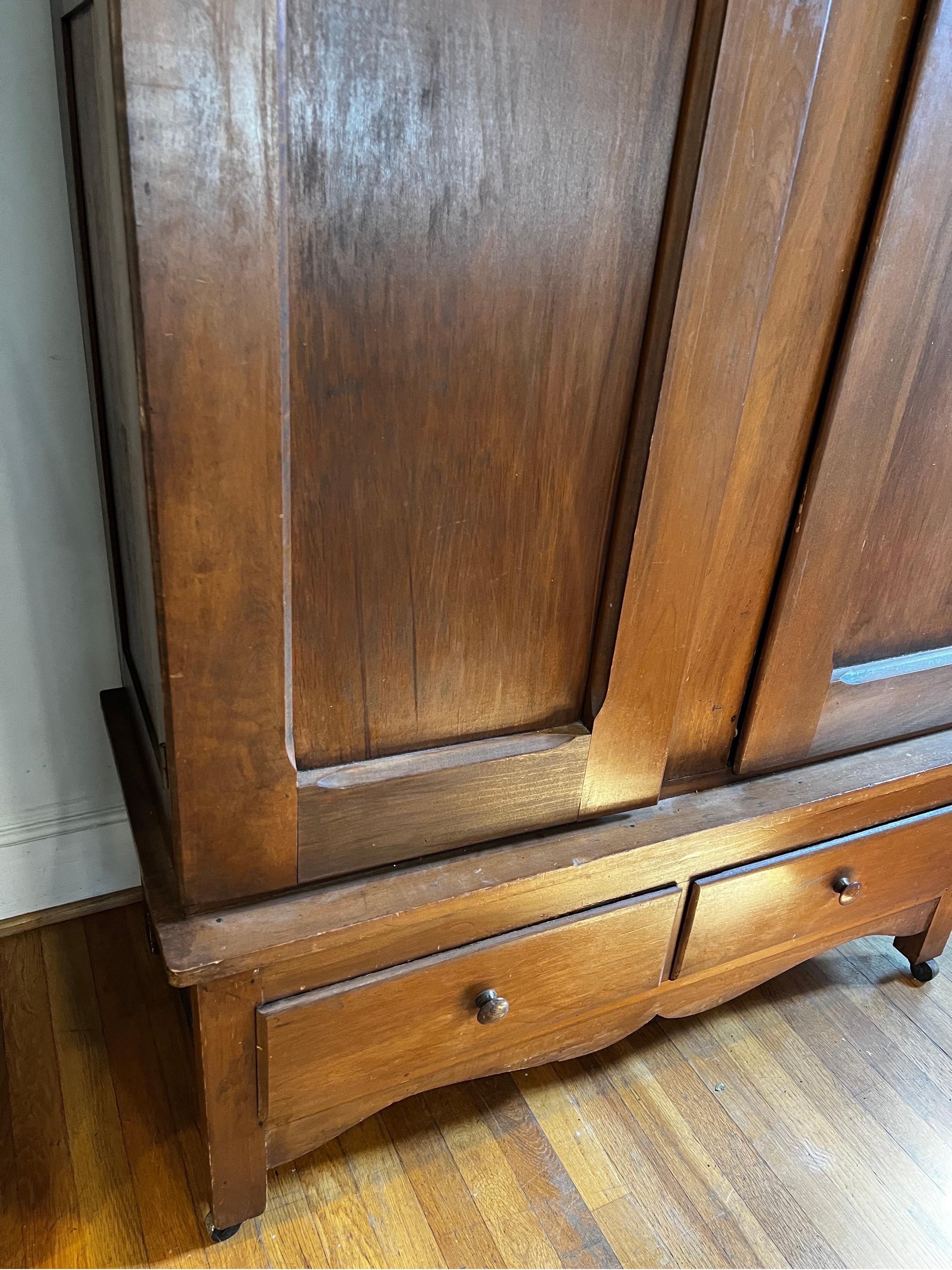 Walnut Antique Cabinet /Armoire with Carved Detail on Top For Sale