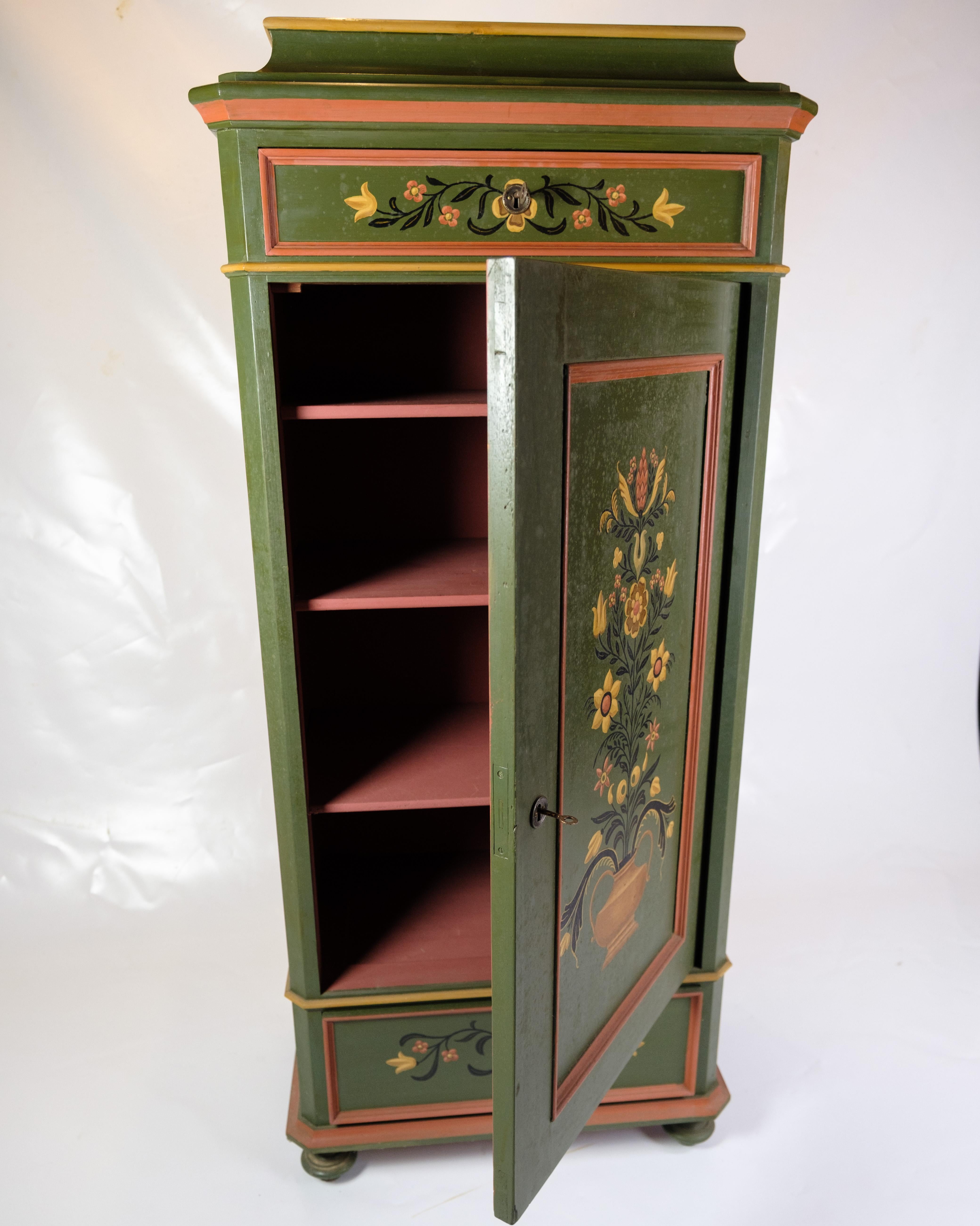Wood Antique Cabinet Hand Painted With Floral Decoration From 1890s For Sale