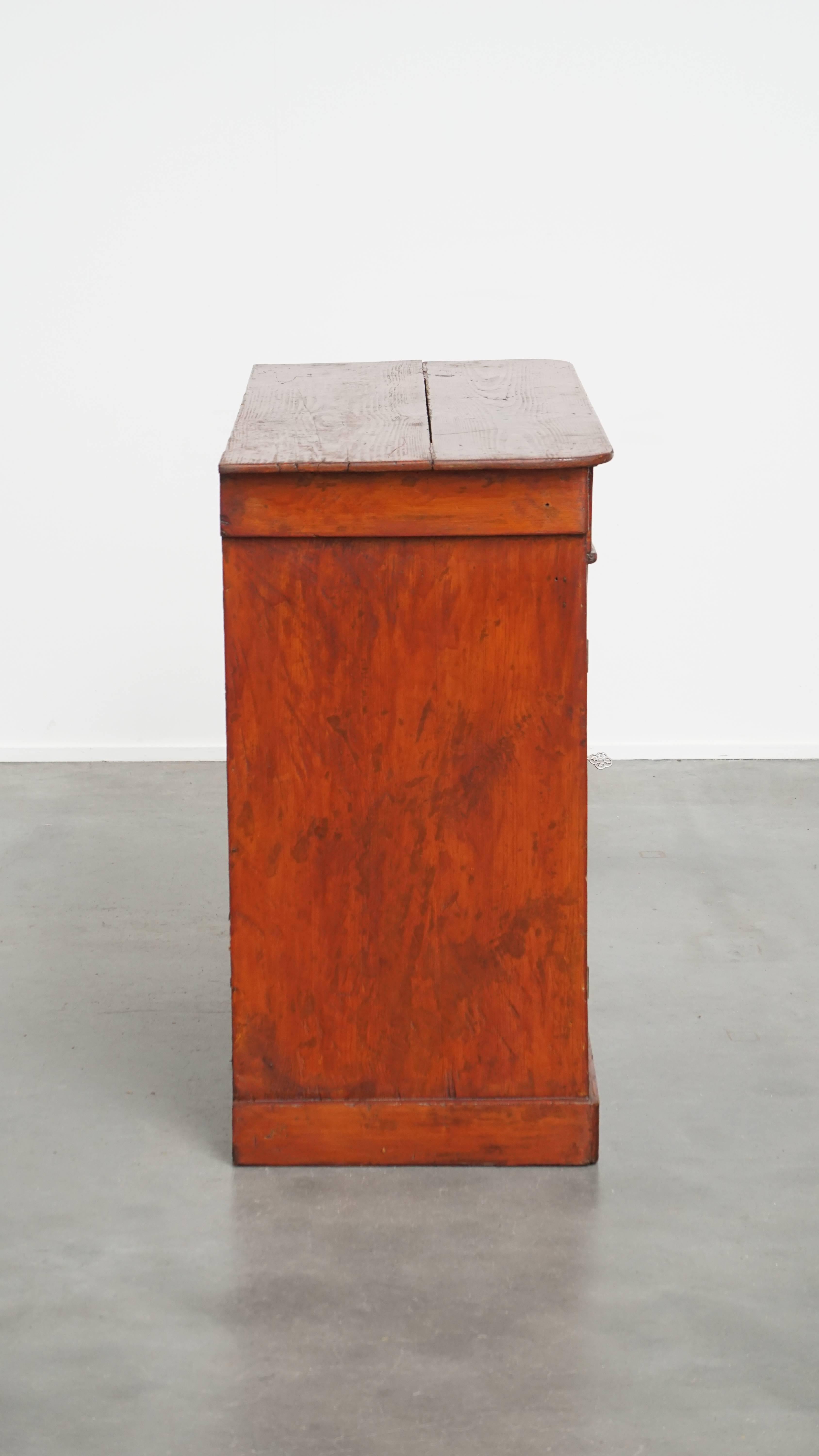 Hand-Crafted Antique Cabinet in Red/Brown with 2 Doors and a Drawer with Working Lock For Sale