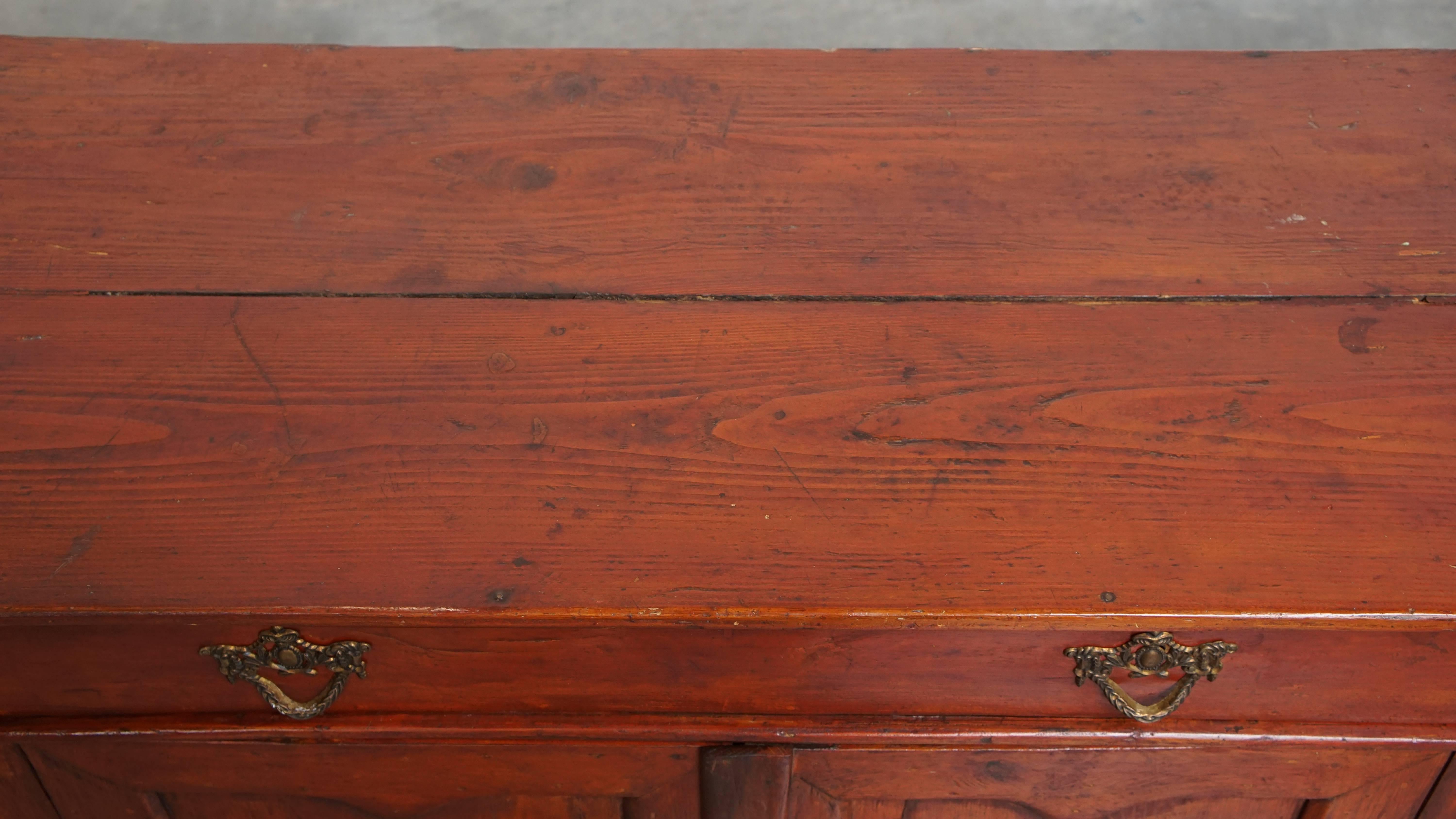 Wood Antique Cabinet in Red/Brown with 2 Doors and a Drawer with Working Lock For Sale