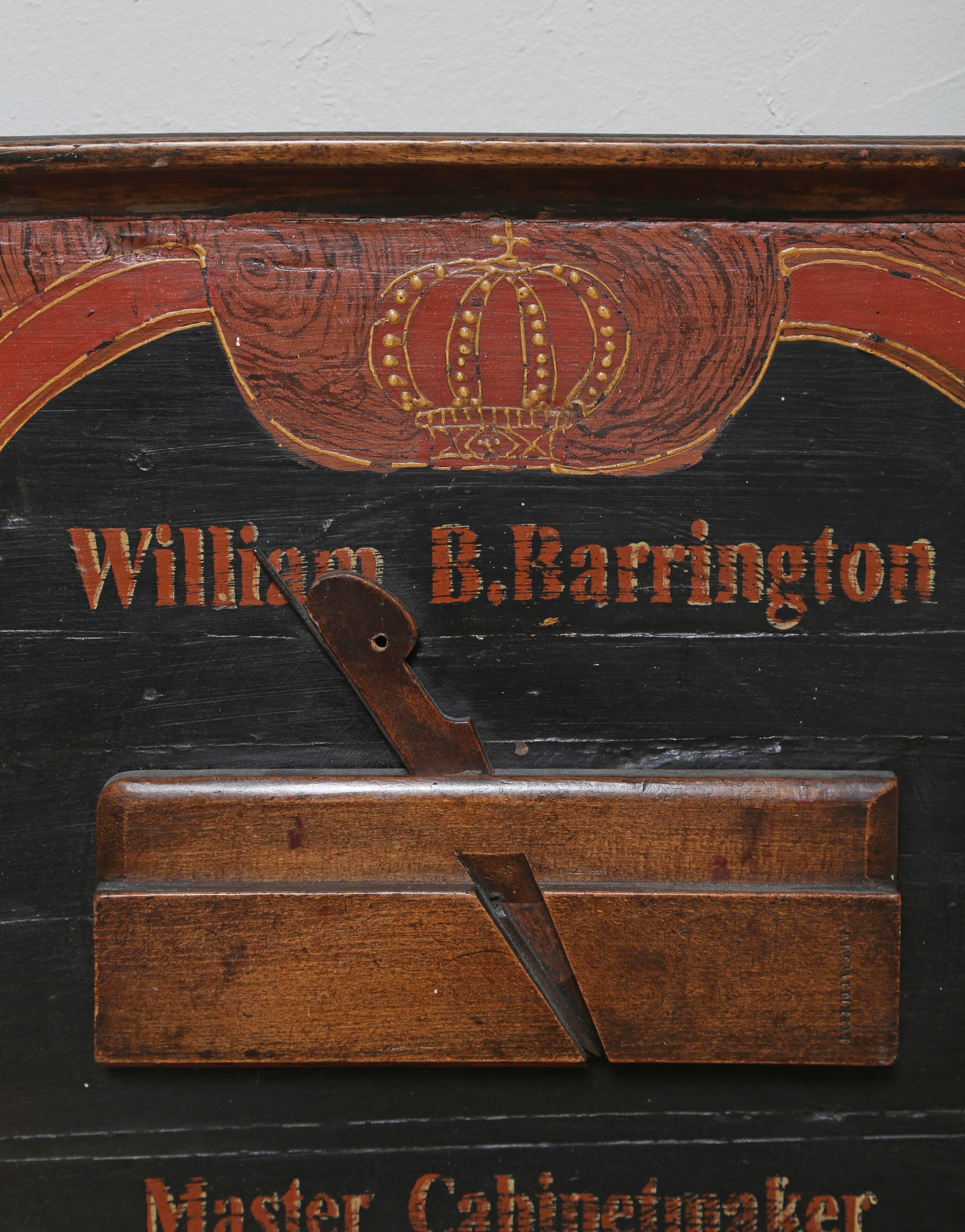 Antique wood hand-painted cabinet maker's sign centered with an antique wood plane and the name William B. Barrington.