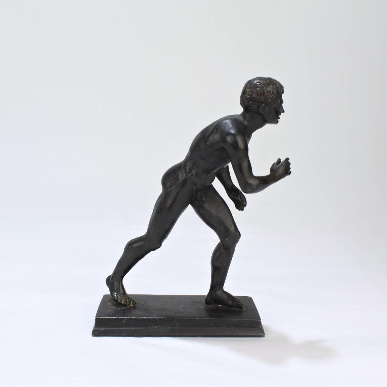 Antique Cabinet Size Grand Tour Bronze Sculpture of the Herculaneum Runner In Good Condition In Philadelphia, PA