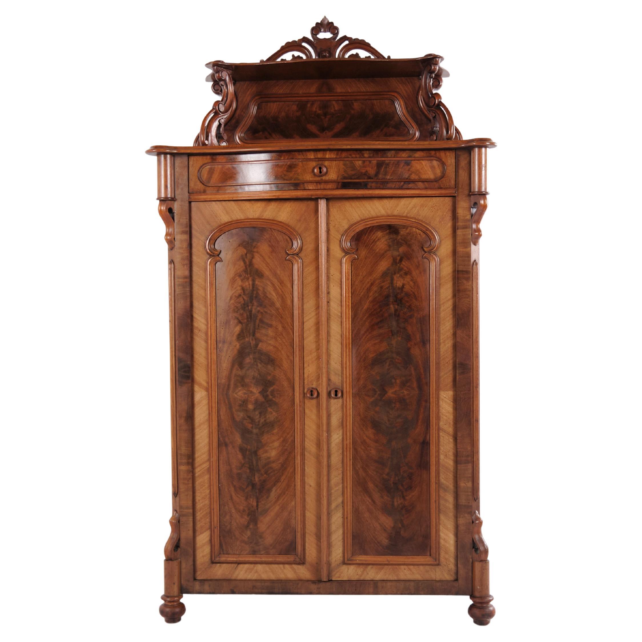 Antique Cabinet With Doors 
Shelvs In Mahogany With Decorative Carvings, 1880
s For Sale