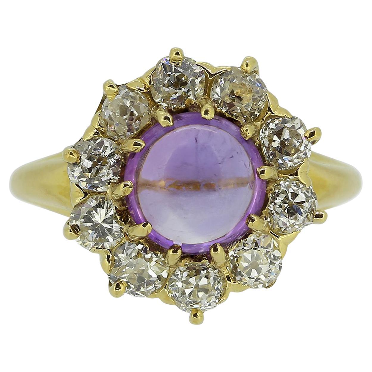 Antique Cabochon Amethyst and Diamond Cluster Ring