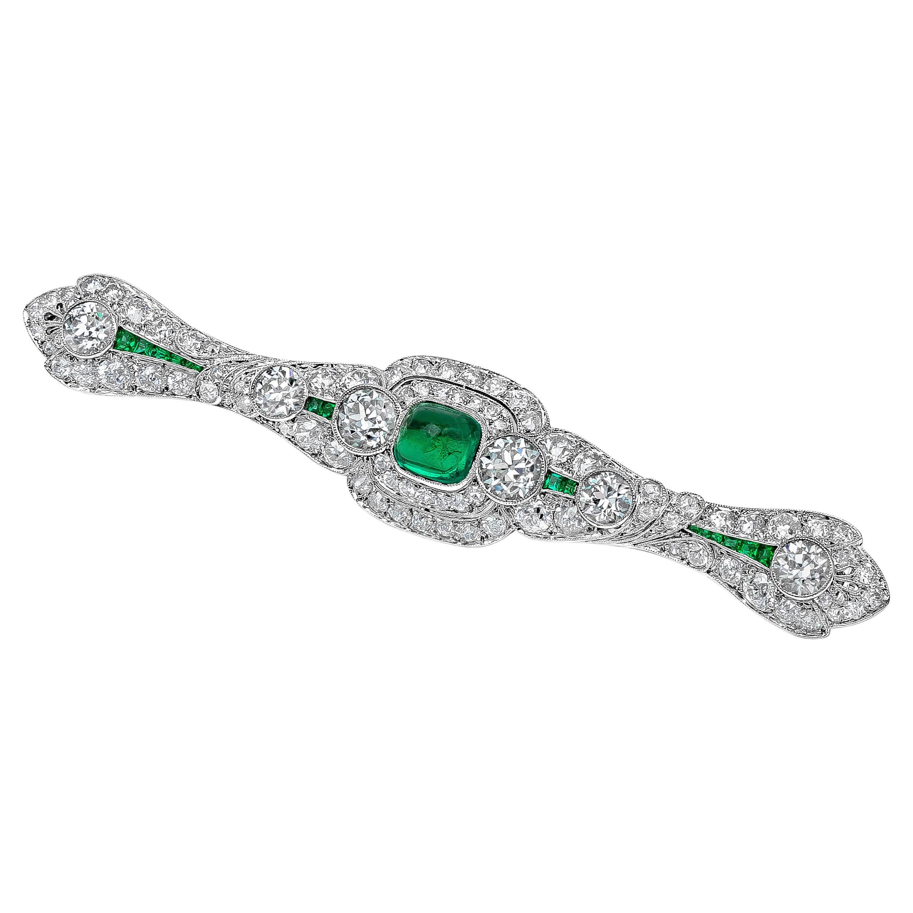 Antique Cabochon Colombian Emerald and Diamond Panel Brooch in Platinum