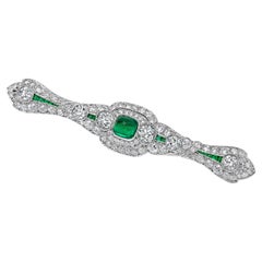 Antique Cabochon Colombian Emerald and Diamond Panel Brooch in Platinum
