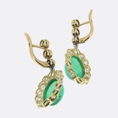 Antique Cabochon Emerald and Diamond Drop Earrings