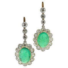 Antique Cabochon Emerald and Diamond Drop Earrings