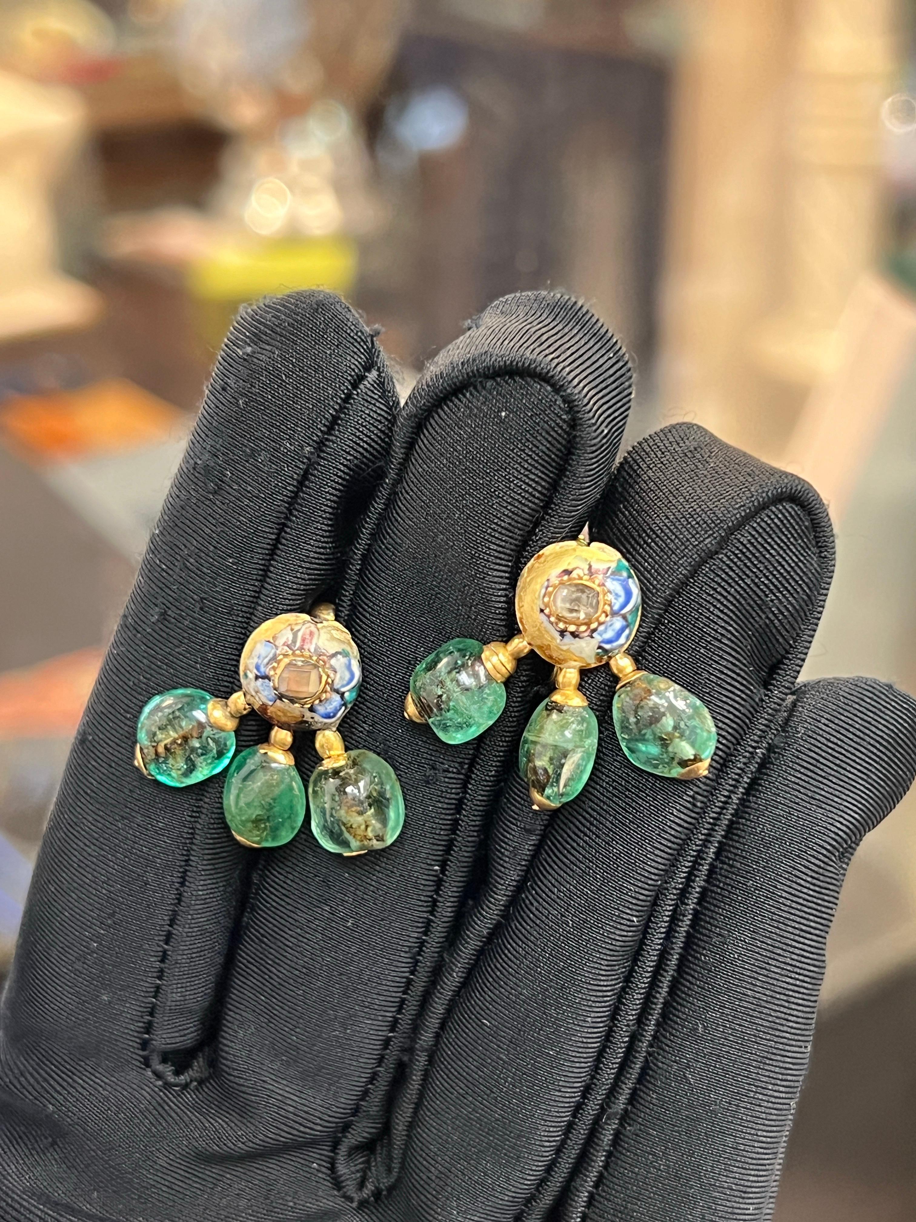 Mixed Cut Antique Cabochon Emerald and Enamel Earrings For Sale