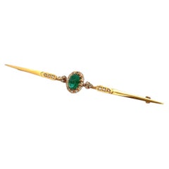 Antique Cabochon Emerald and Old Mine Diamond Bar Brooch
