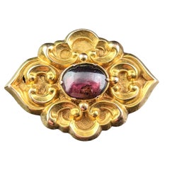 Antique cabochon Garnet Mourning brooch, 15k gold, Victorian 