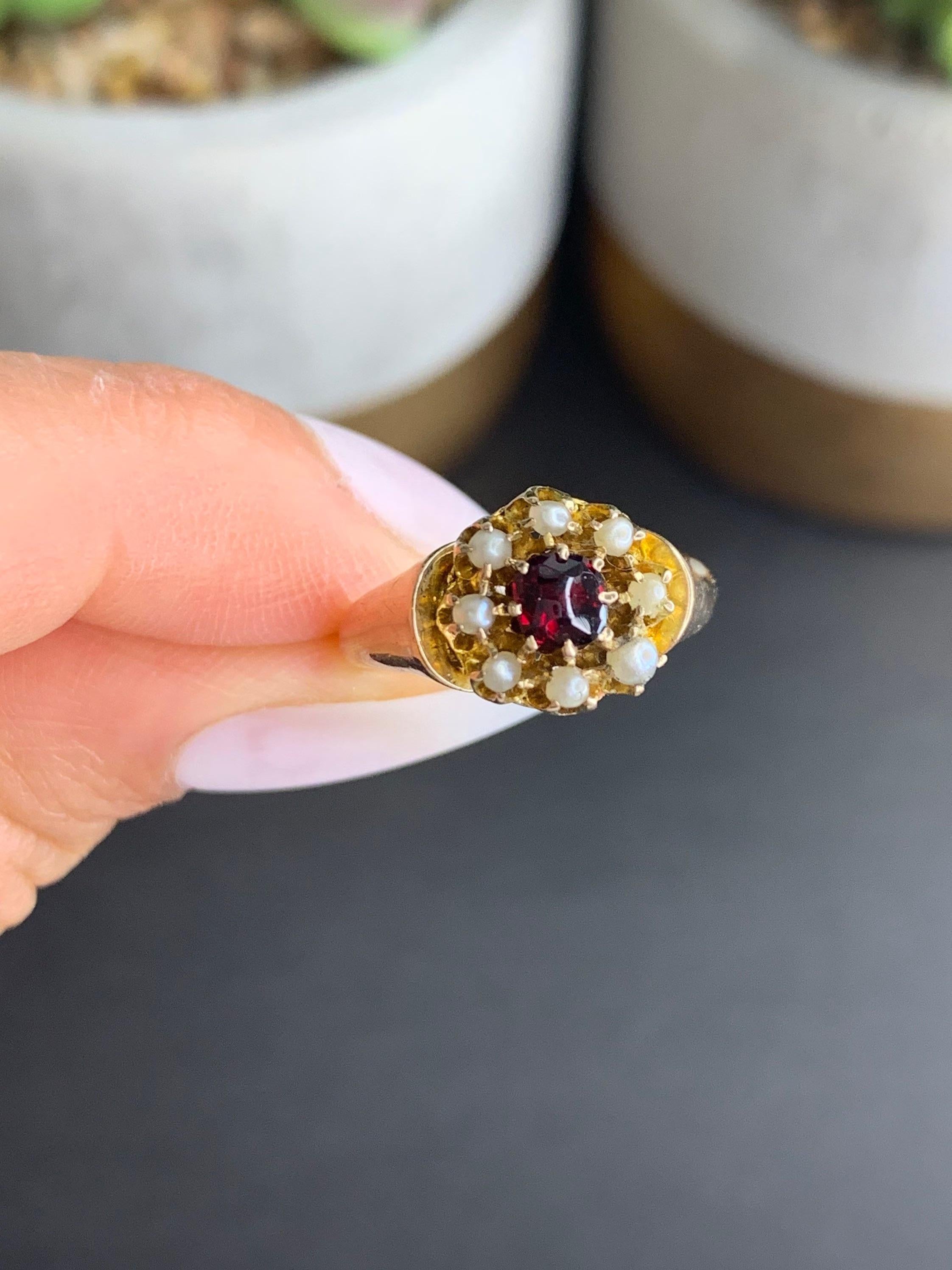 Women's or Men's Antique Cabochon Garnet & Seed Pearl Daisy Ring For Sale