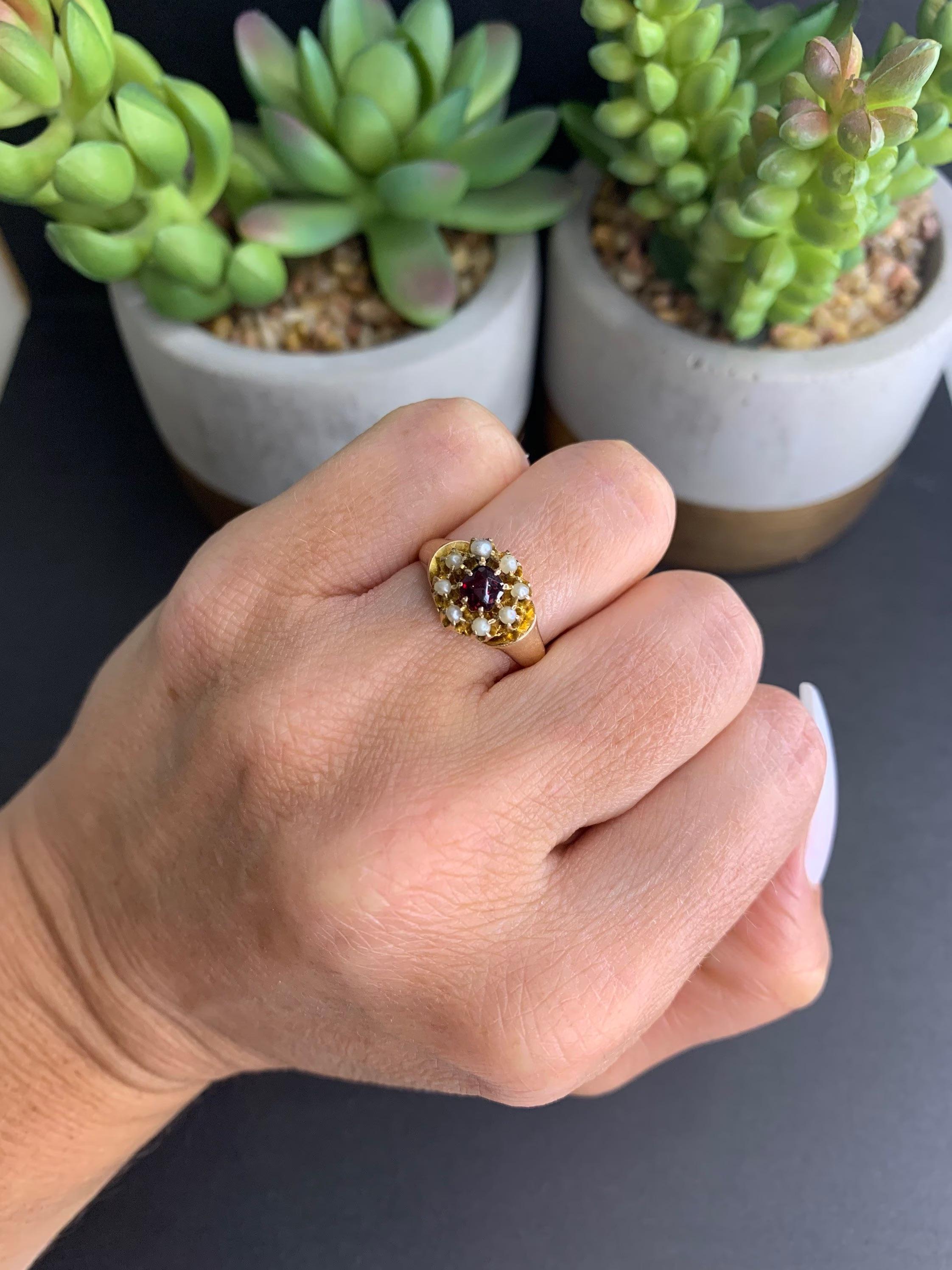 Antique Cabochon Garnet & Seed Pearl Daisy Ring For Sale 2