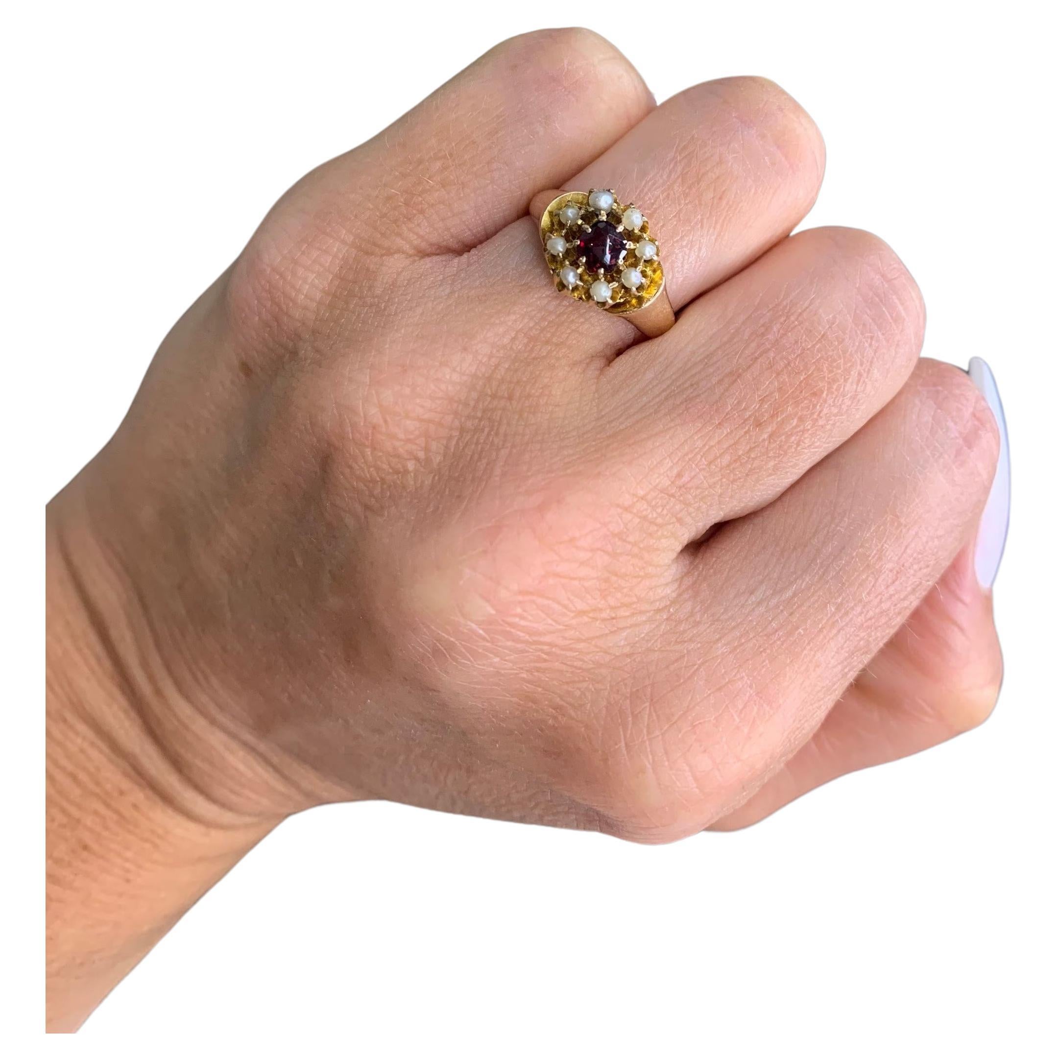 Antique Cabochon Garnet & Seed Pearl Daisy Ring For Sale