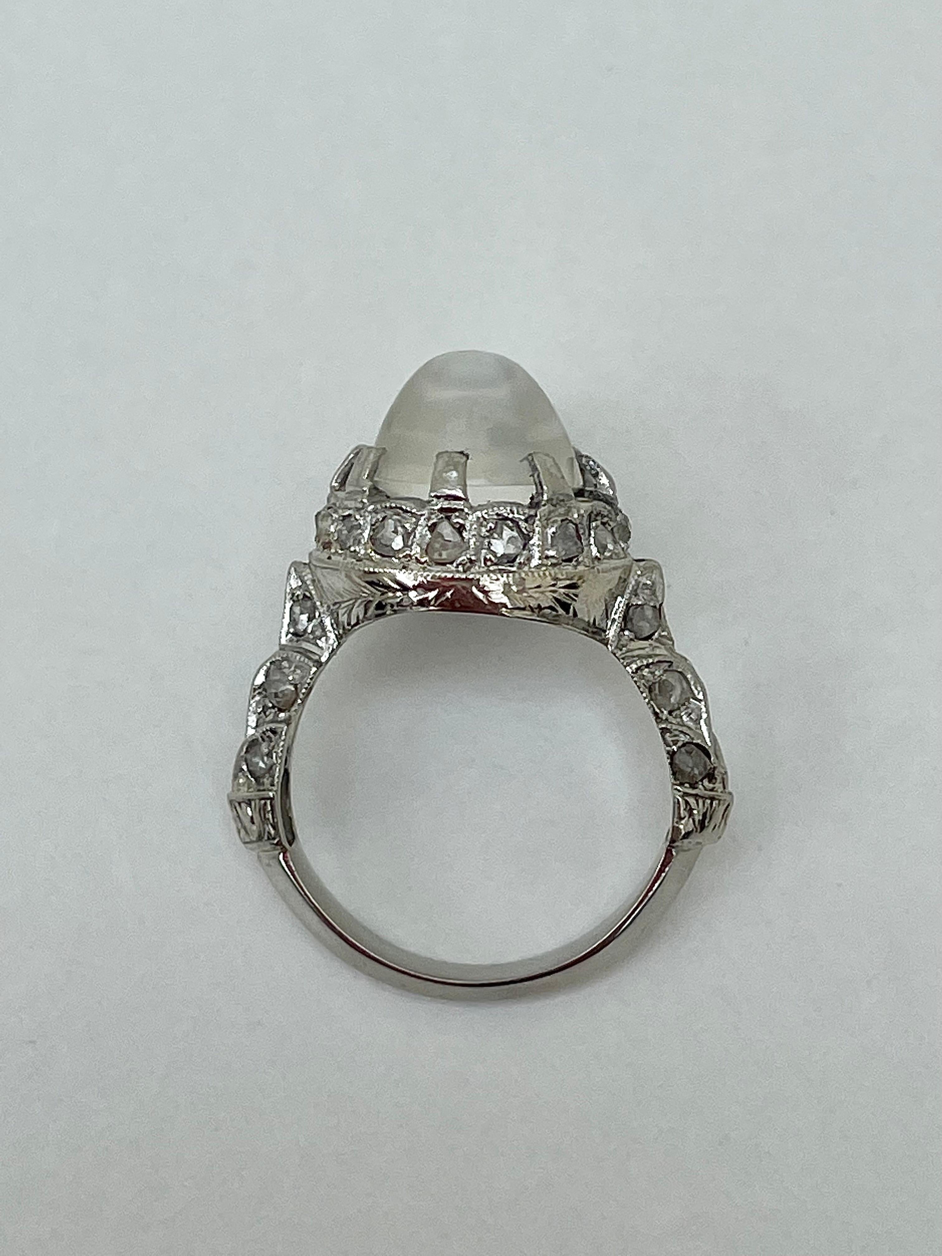 Old European Cut Antique Cabochon Moonstone and Diamond White Gold Statement Ring For Sale