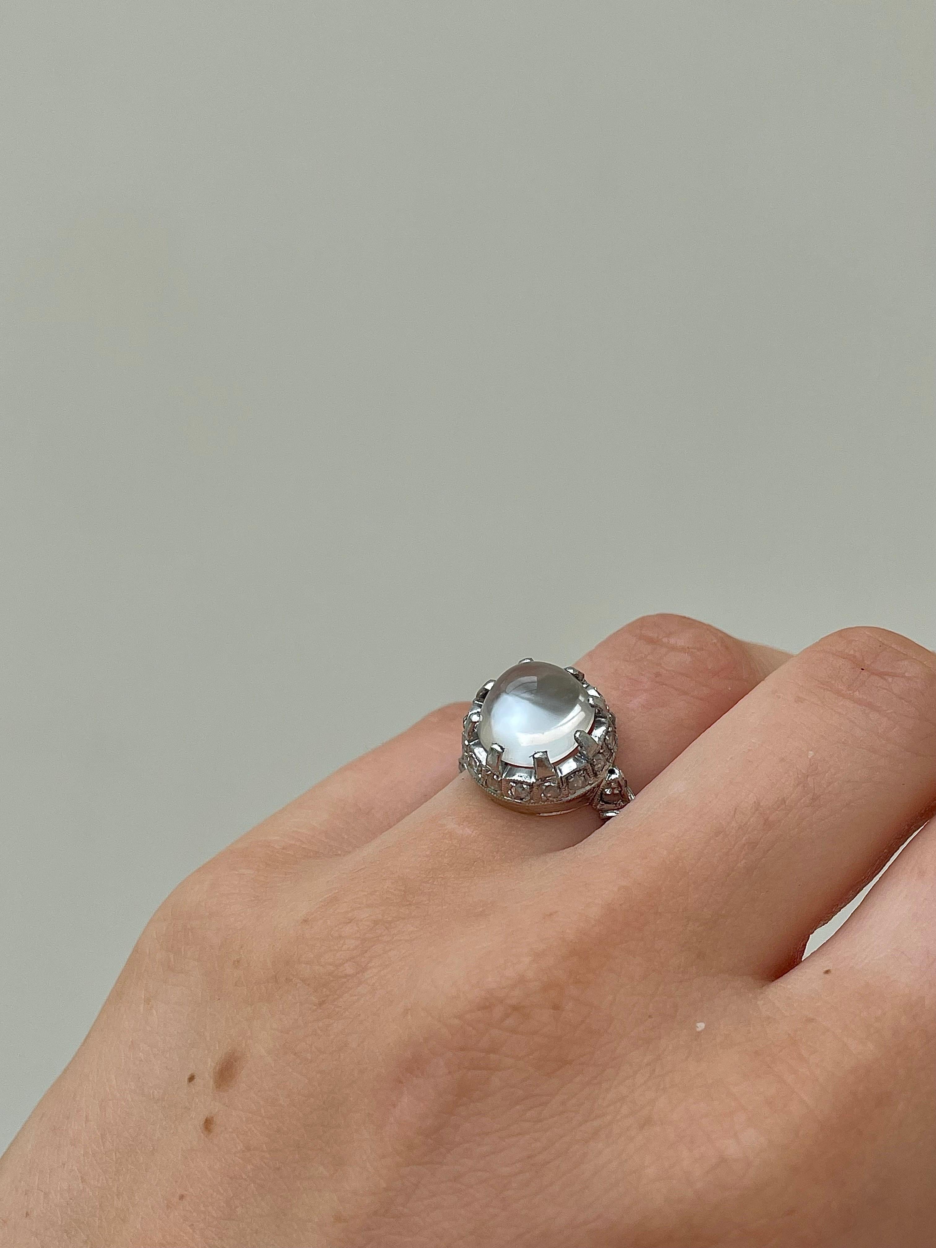 Women's or Men's Antique Cabochon Moonstone and Diamond White Gold Statement Ring For Sale