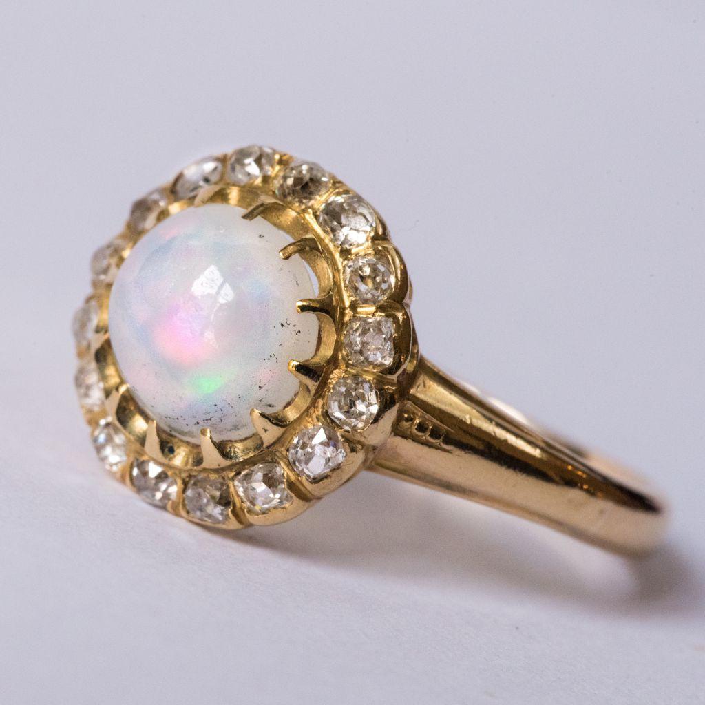 Antique Cabochon Opal Diamond Gold Engagement Ring 6