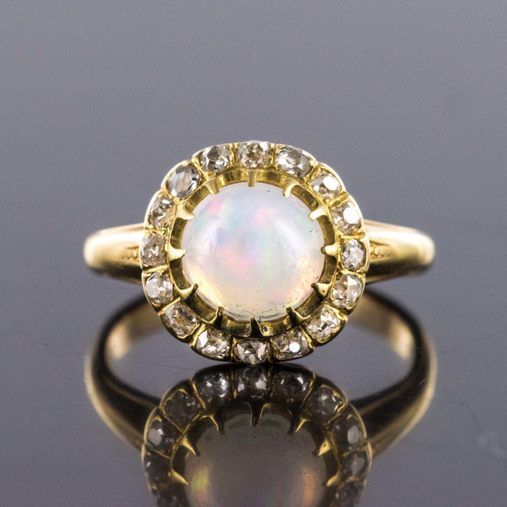 Antique Cabochon Opal Diamond Gold Engagement Ring 8