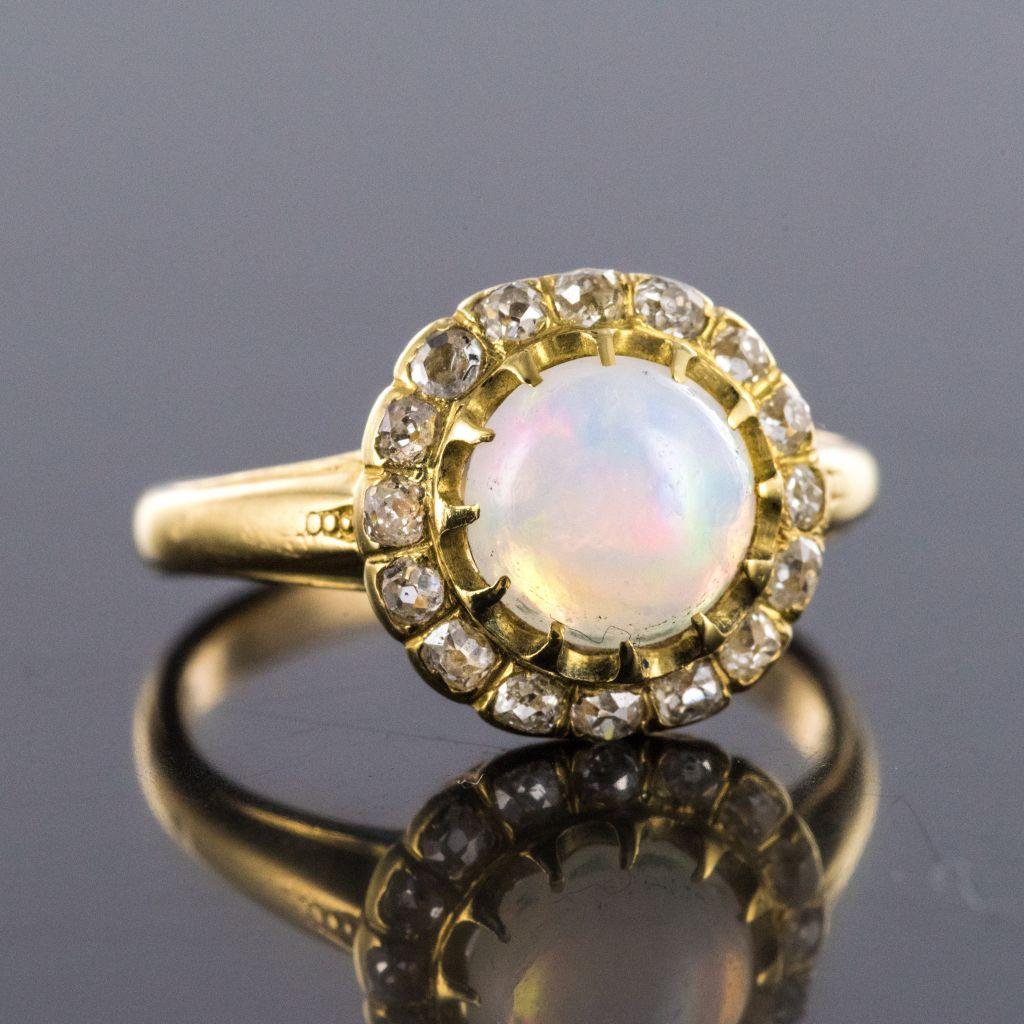 Antique Cabochon Opal Diamond Gold Engagement Ring 9
