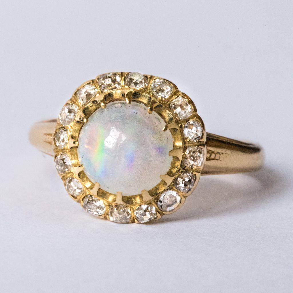 Women's Antique Cabochon Opal Diamond Gold Engagement Ring