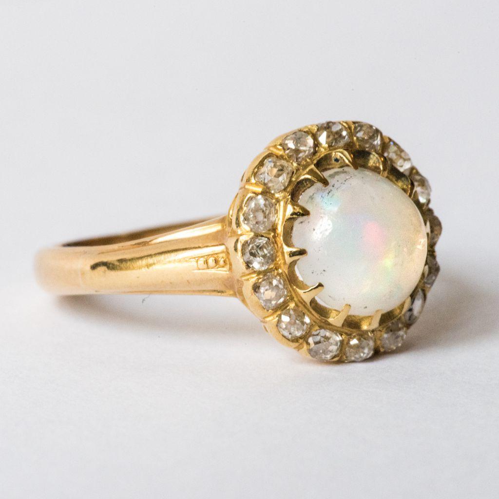 Antique Cabochon Opal Diamond Gold Engagement Ring 4