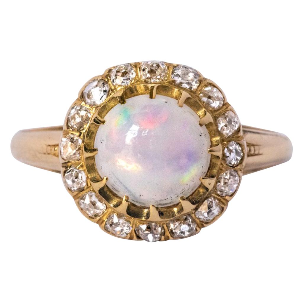 Antique Cabochon Opal Diamond Gold Engagement Ring at 1stDibs