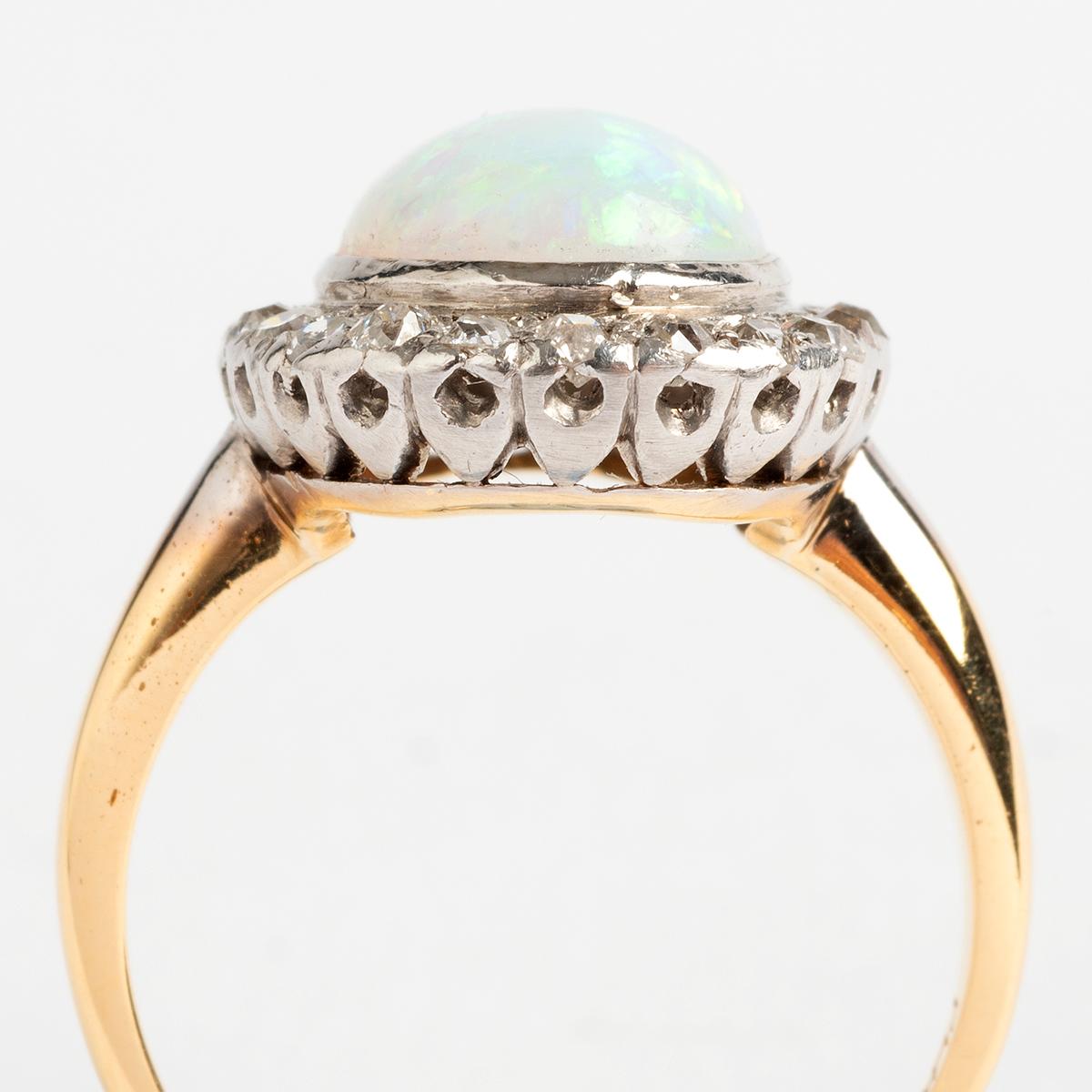 Mixed Cut Antique Cabochon Opal Old Cut Diamond Cluster Ring, Set in 18K Gold