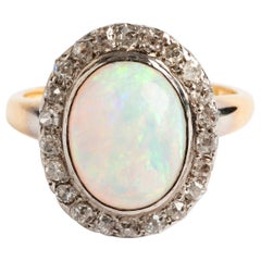 Antique Cabochon Opal Old Cut Diamond Cluster Ring, Set in 18K Gold