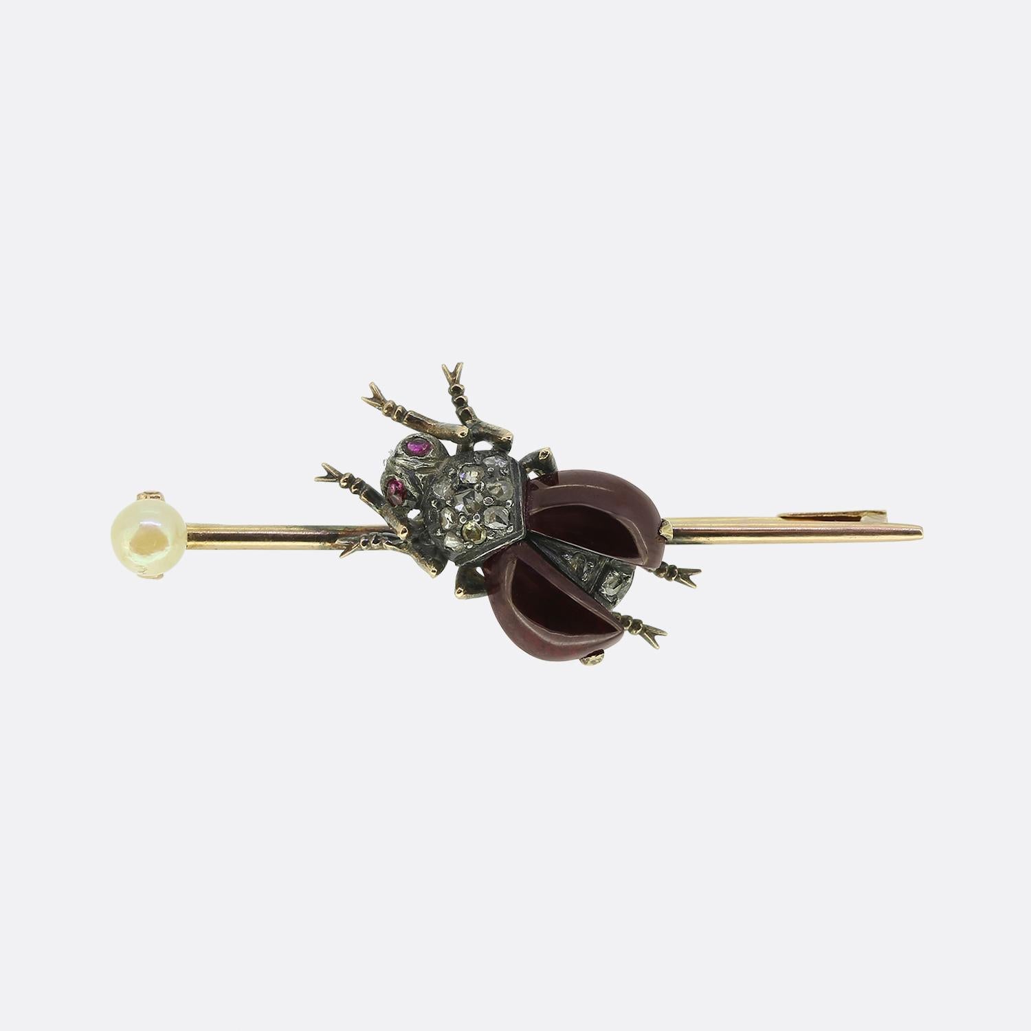 Here we have a wonderfully crafted bar brooch taken from the Late Victorian period. The bar has been crafted from a rich 18ct yellow gold and plays host to an intricate insect design. A duo of deep red cabochon rubies take on the form of the wings