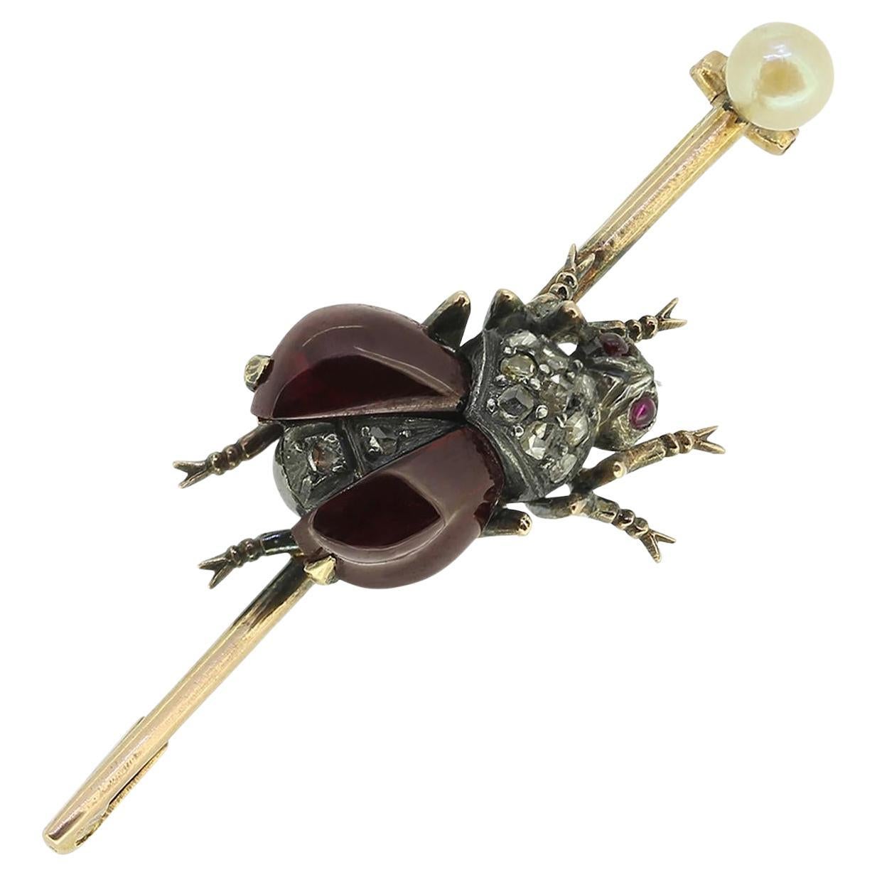 Antique Cabochon Ruby Pearl and Diamond Fly Brooch For Sale