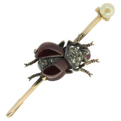 Antique Cabochon Ruby Pearl and Diamond Fly Brooch
