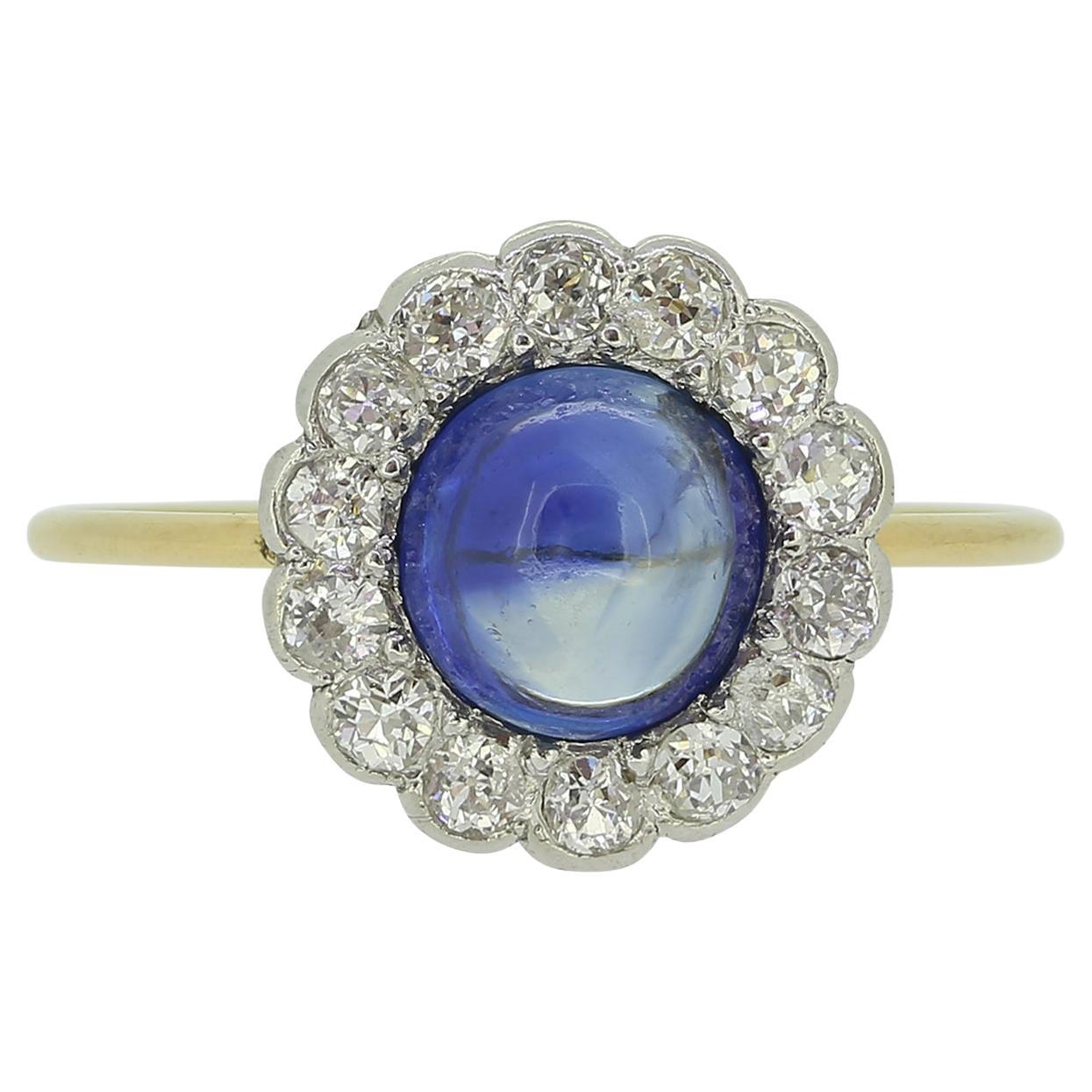 Antique Cabochon Sapphire and Diamond Cluster Ring
