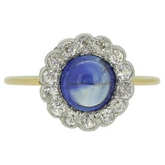 Antique Cabochon Sapphire and Diamond Cluster Ring