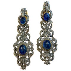 Antique Cabochon Sapphire and Diamond Earrings