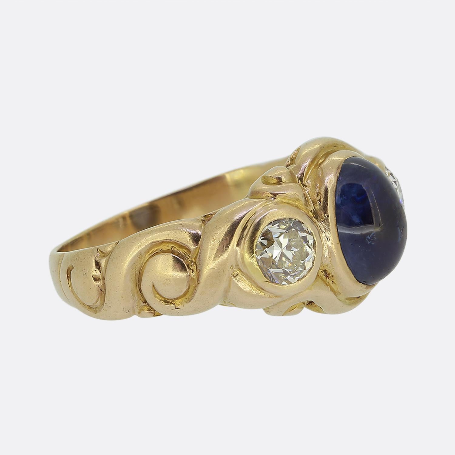 Victorian Antique Cabochon Sapphire and Diamond Three-Stone Ring For Sale