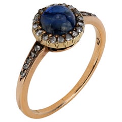Antique cabochon sapphire diamond 14k rose gold halo ring