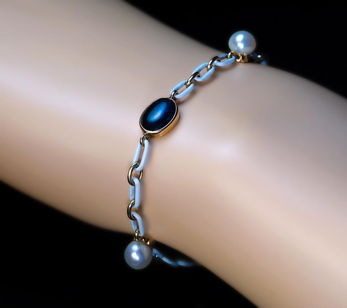 Edwardian Antique Cabochon Sapphire Pearl Enamel Gold Bracelet For Sale