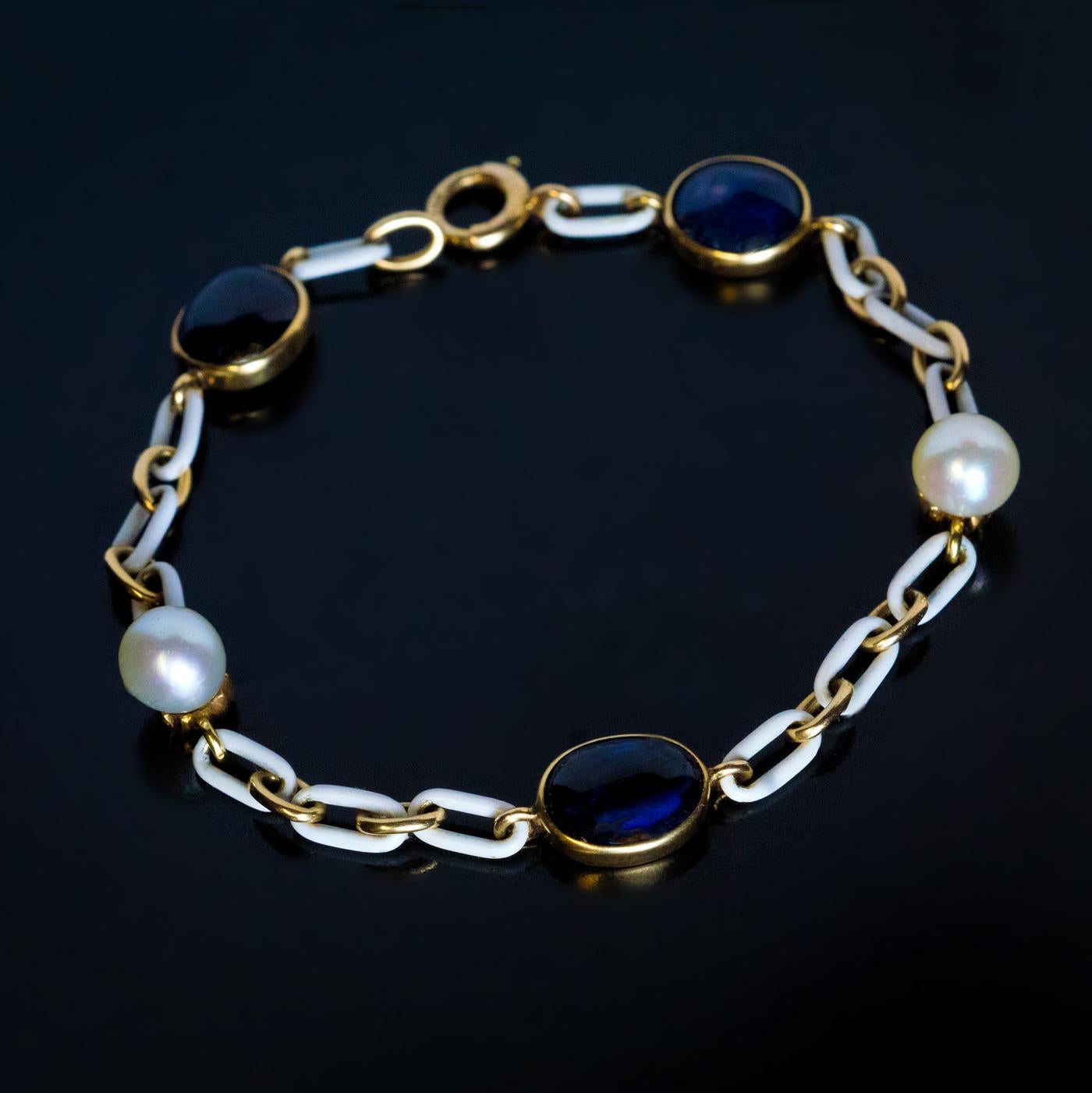 Women's or Men's Antique Cabochon Sapphire Pearl Enamel Gold Bracelet For Sale