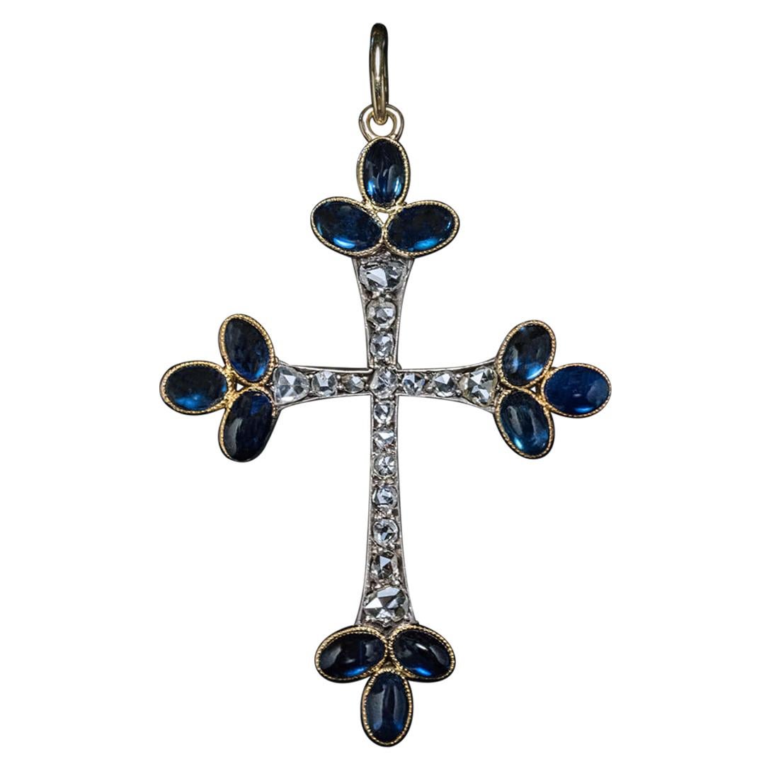 Antique Cabochon Sapphire Rose Cut Diamond Cross Pendant