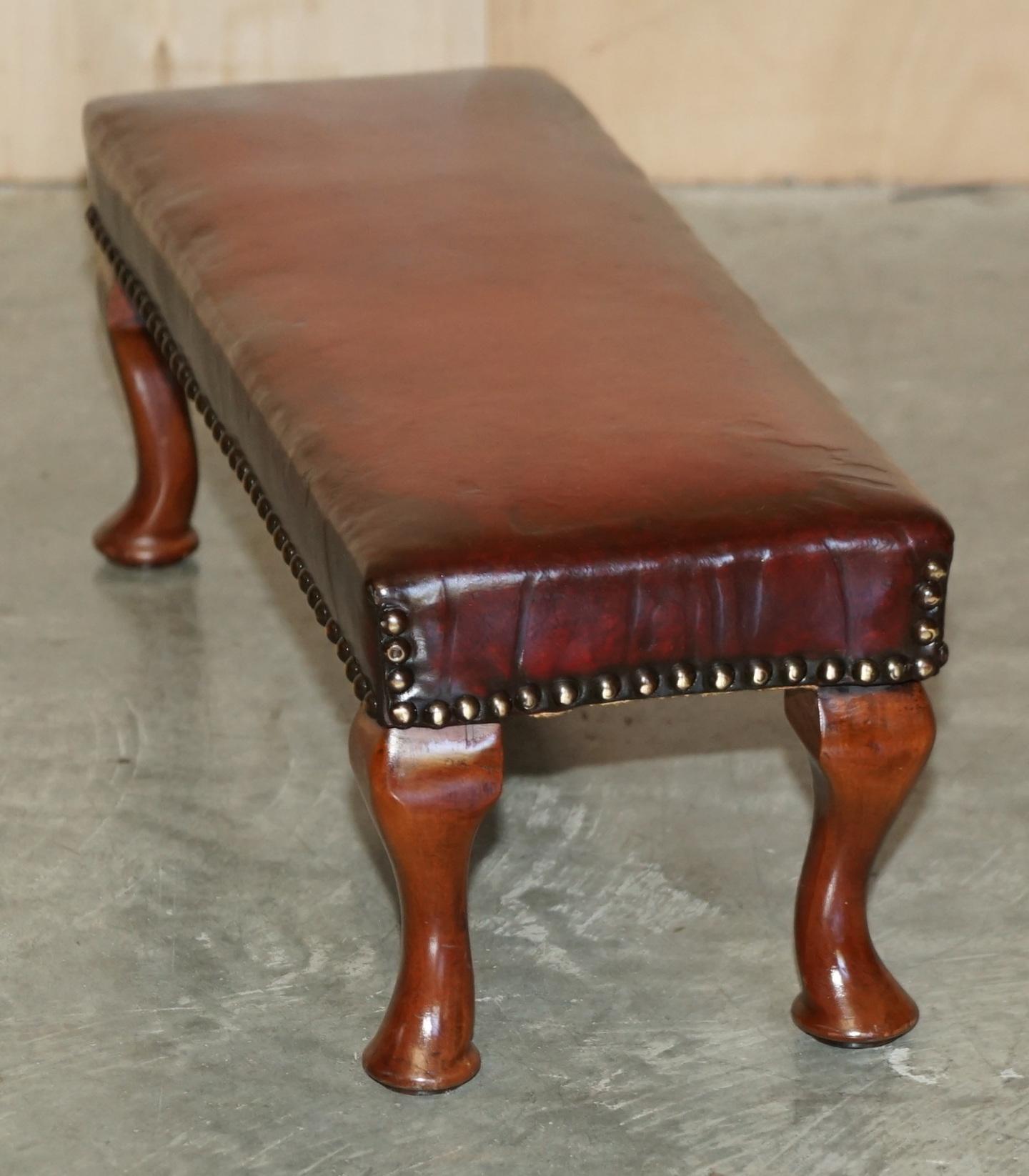 Antique Cabriolet Leg Fully Restored Hand Dyed Bordeaux Leather Tufted Footstool For Sale 4