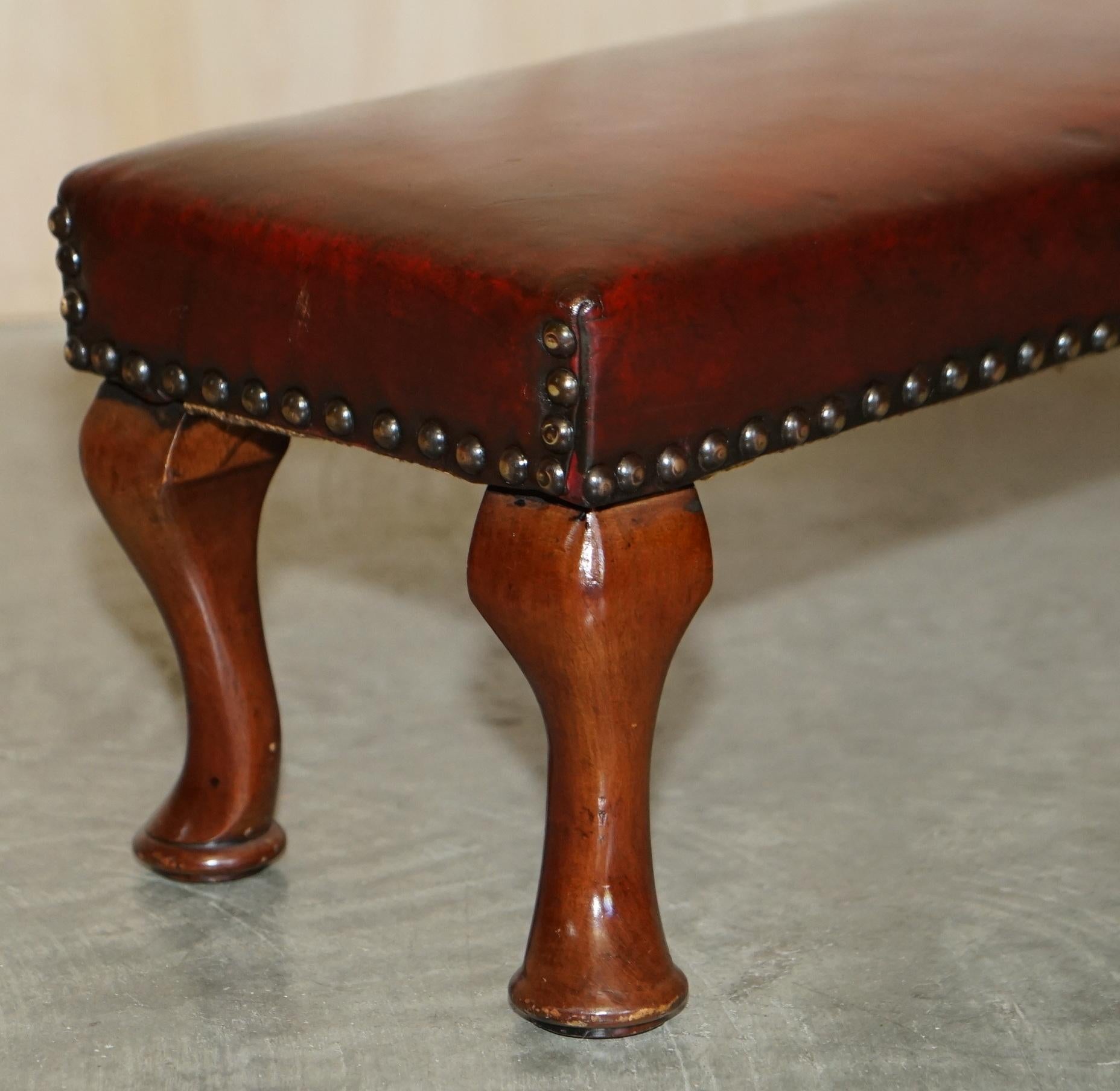 20th Century Antique Cabriolet Leg Fully Restored Hand Dyed Bordeaux Leather Tufted Footstool For Sale