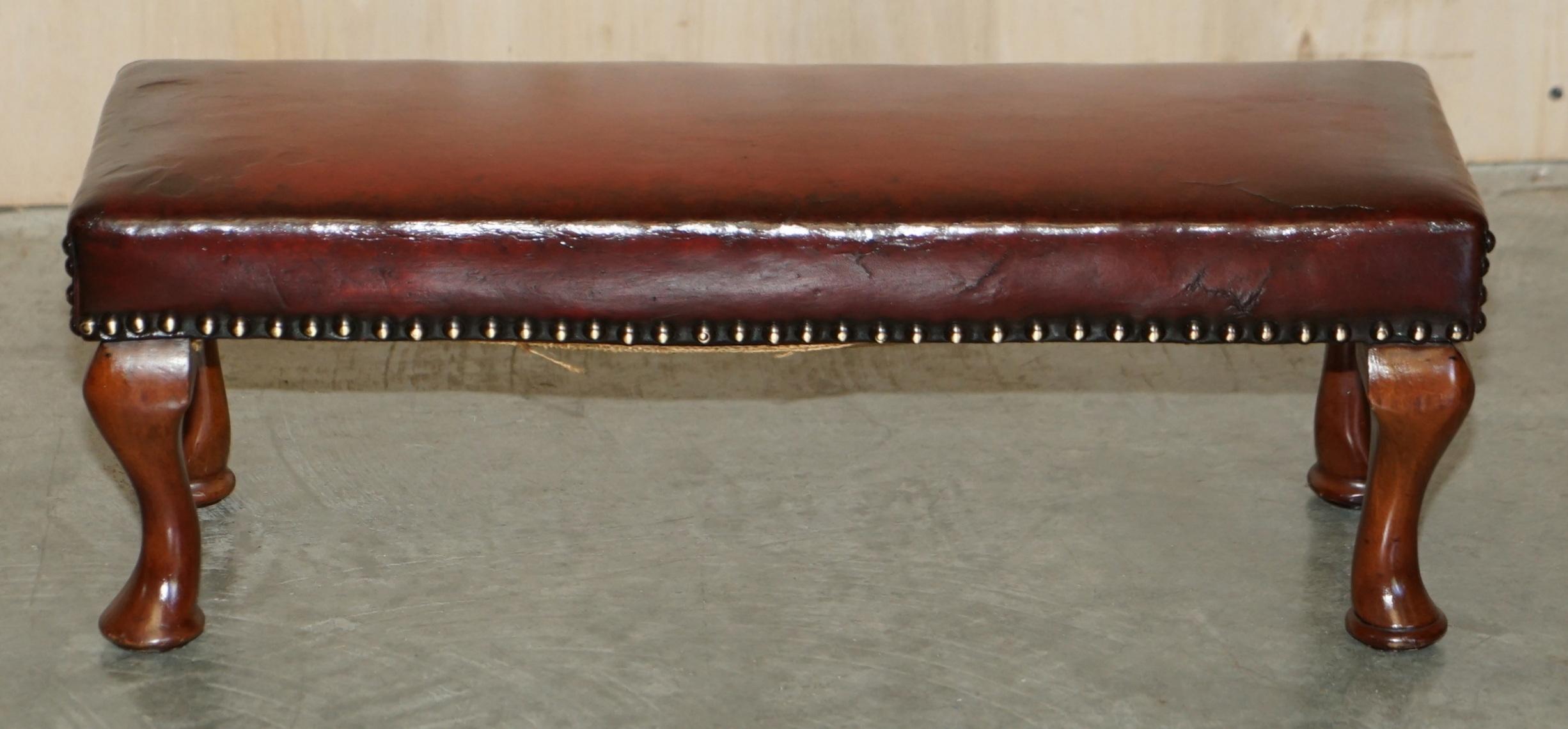 Antique Cabriolet Leg Fully Restored Hand Dyed Bordeaux Leather Tufted Footstool For Sale 2