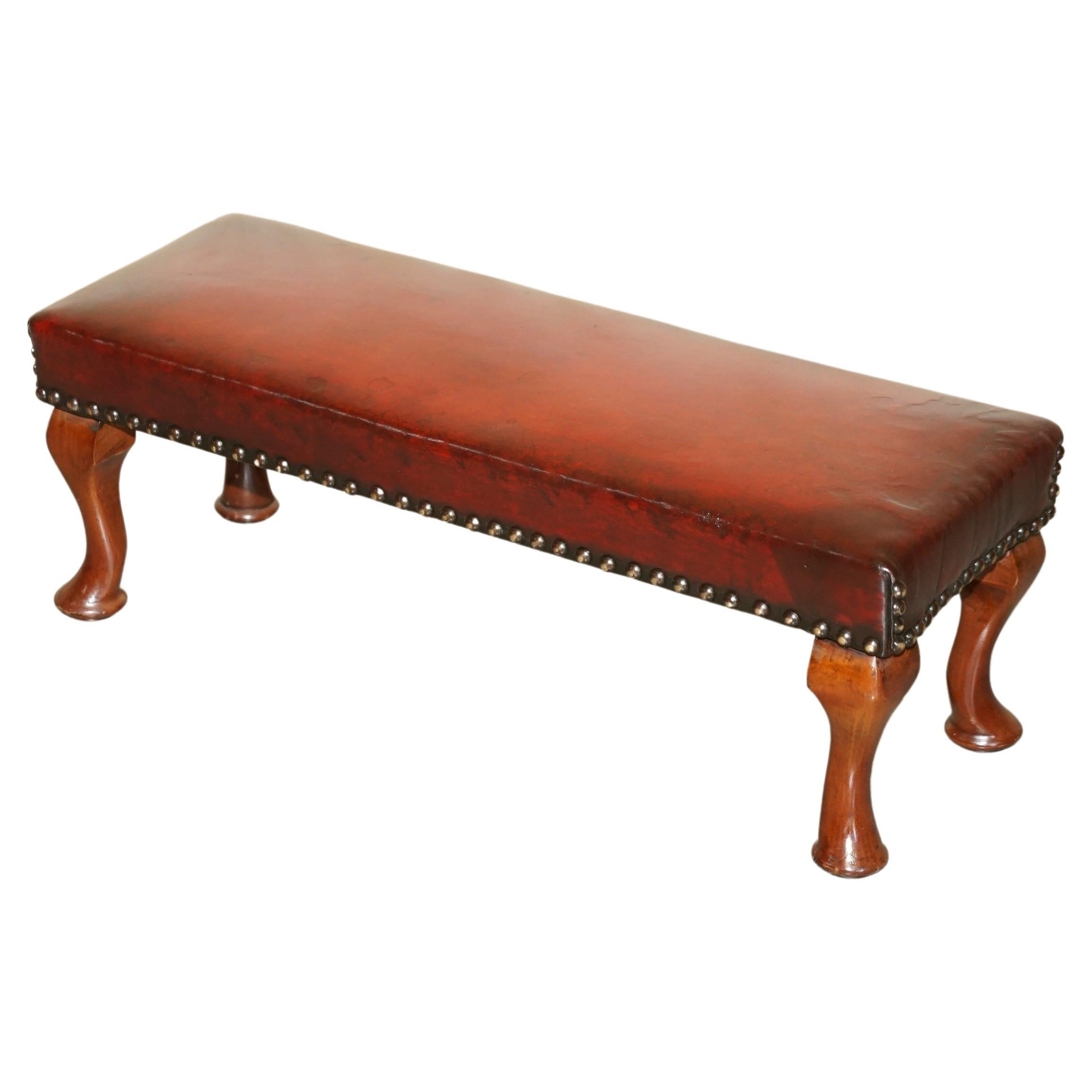 Antique Cabriolet Leg Fully Restored Hand Dyed Bordeaux Leather Tufted Footstool For Sale