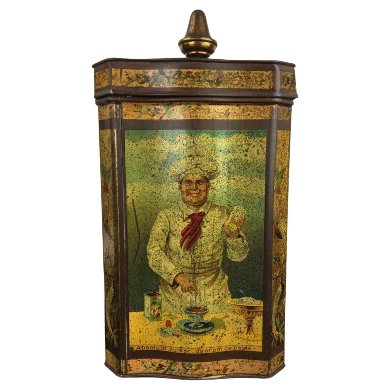 Antique Cacao Tin with Chef For Sale