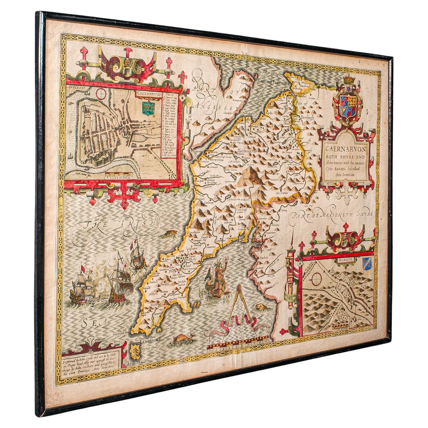 Antique Caernarvon Map, Framed Cartography, Welsh County, John Speed, Circa 1610 For Sale