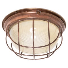 Antique Caged Copper Holophane Flush Mounted Bulkhead Light. c.1920